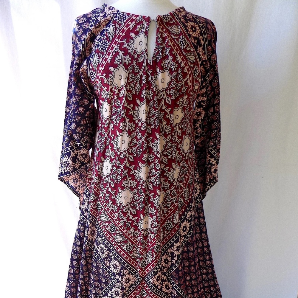 Kaiser Block Print Maxi Dress Caftan from Pakistan in Cotton 1970s Angel Wing